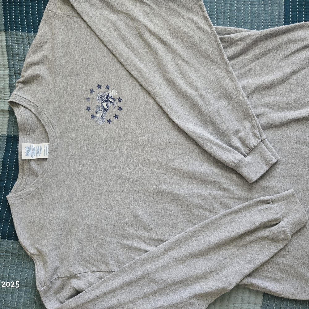 Gray Long Sleeve Shirt with Blue Graphic